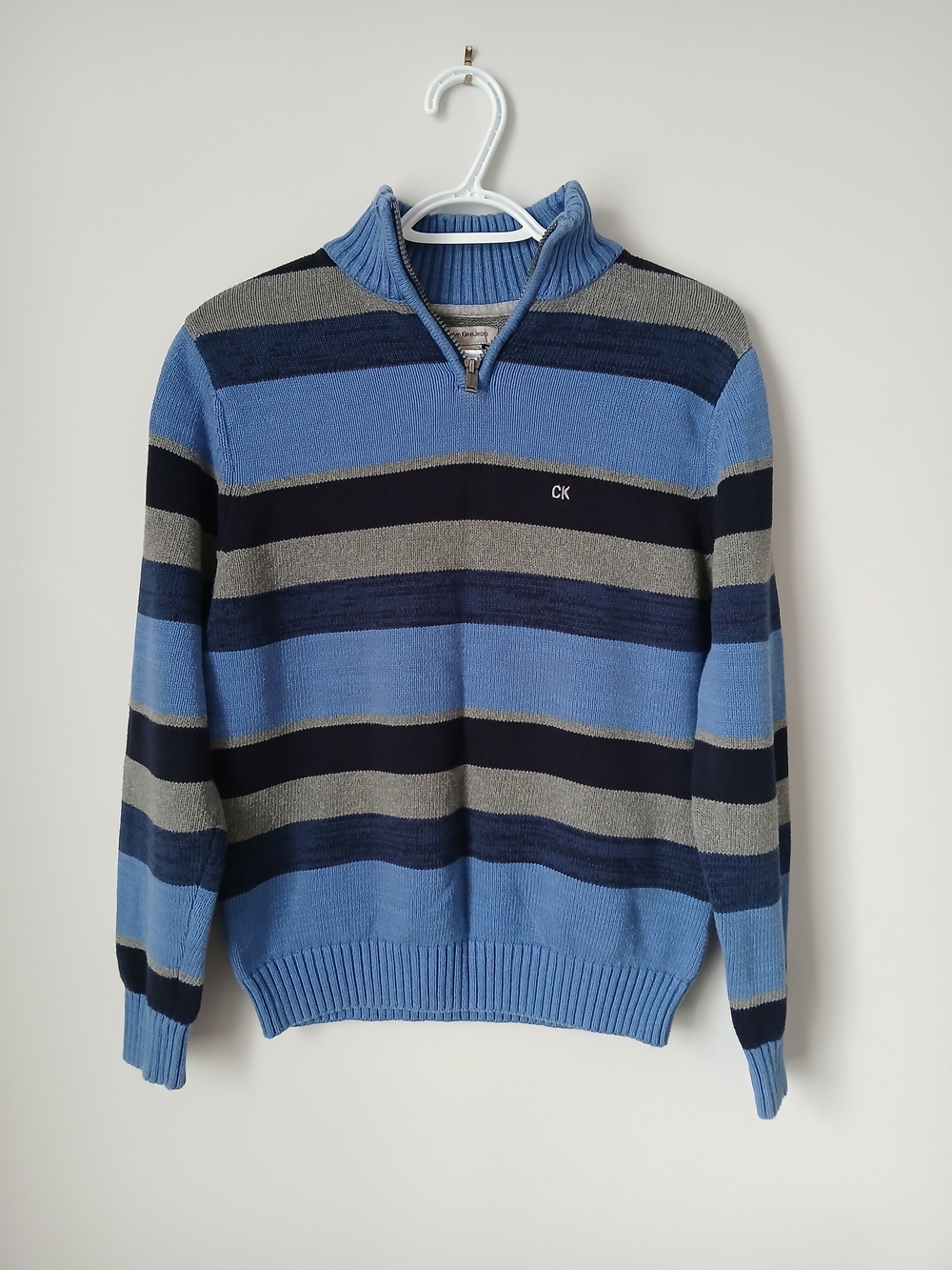 Calvin Klein Jeans Boys Large 14/16 Quarter Zip Sweater Blue Striped 100% Cotton
